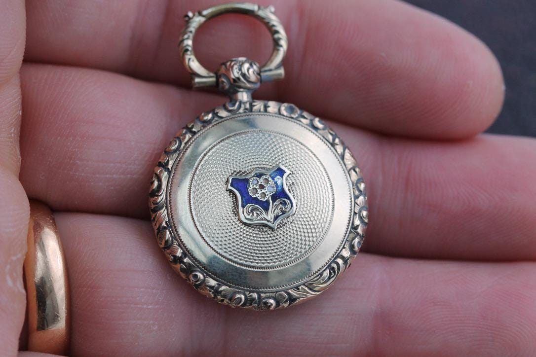 Antique 15ct Gold Forget Me Not Enamel Locket Pendant