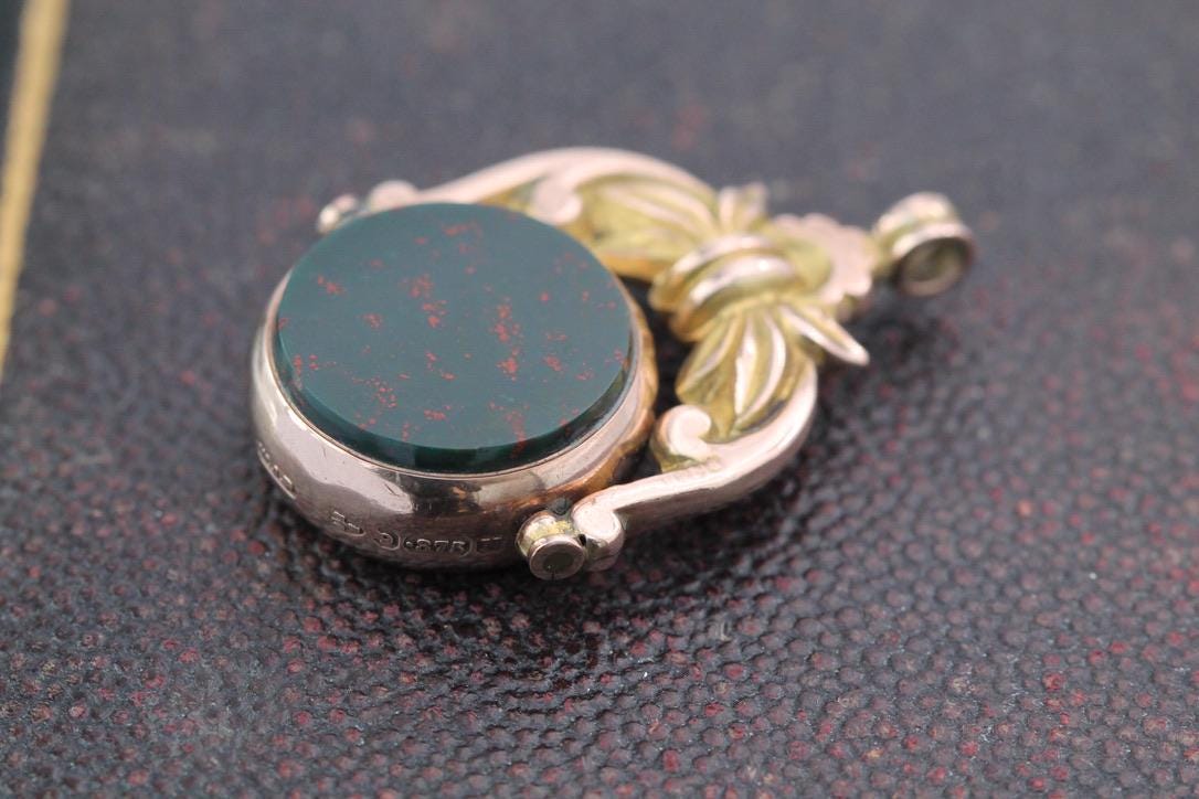 Antique 9ct Gold Bloodstone Spinner Pendant, 1896
