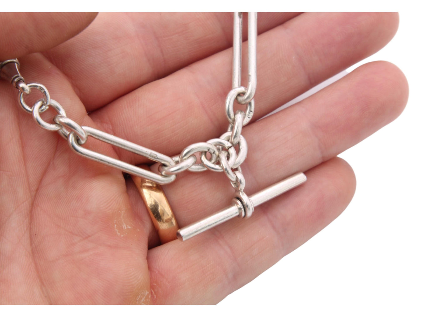Antique Sterling Silver Trombone Link Albert Chain, 14.25"