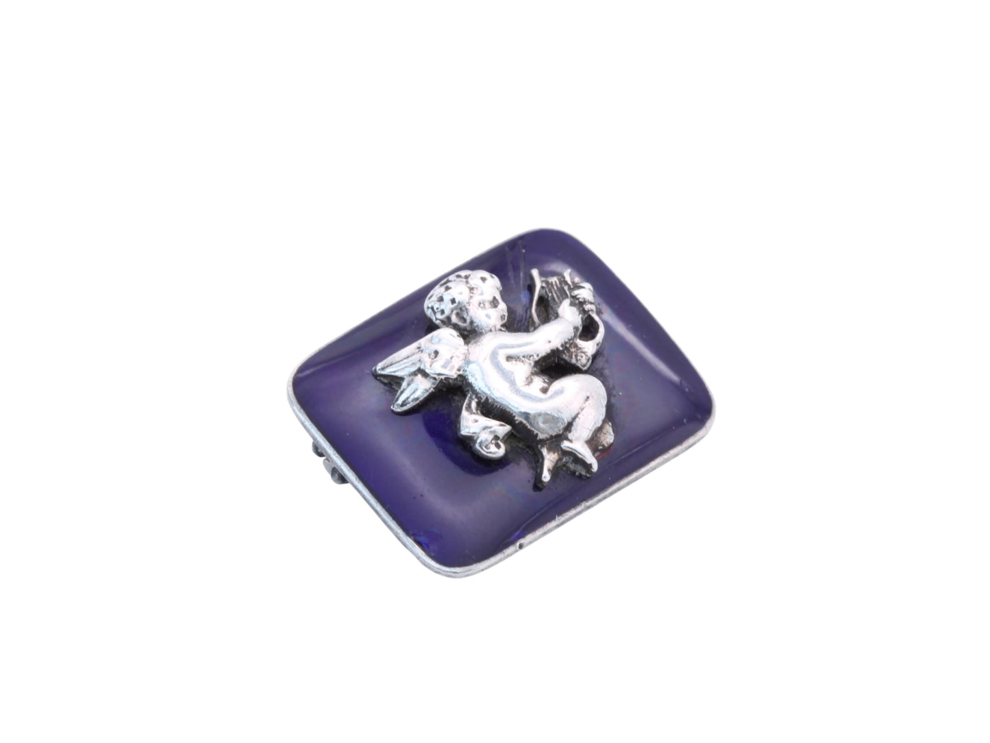 Antique Sterling Silver Blue Enamel Cupid Brooch