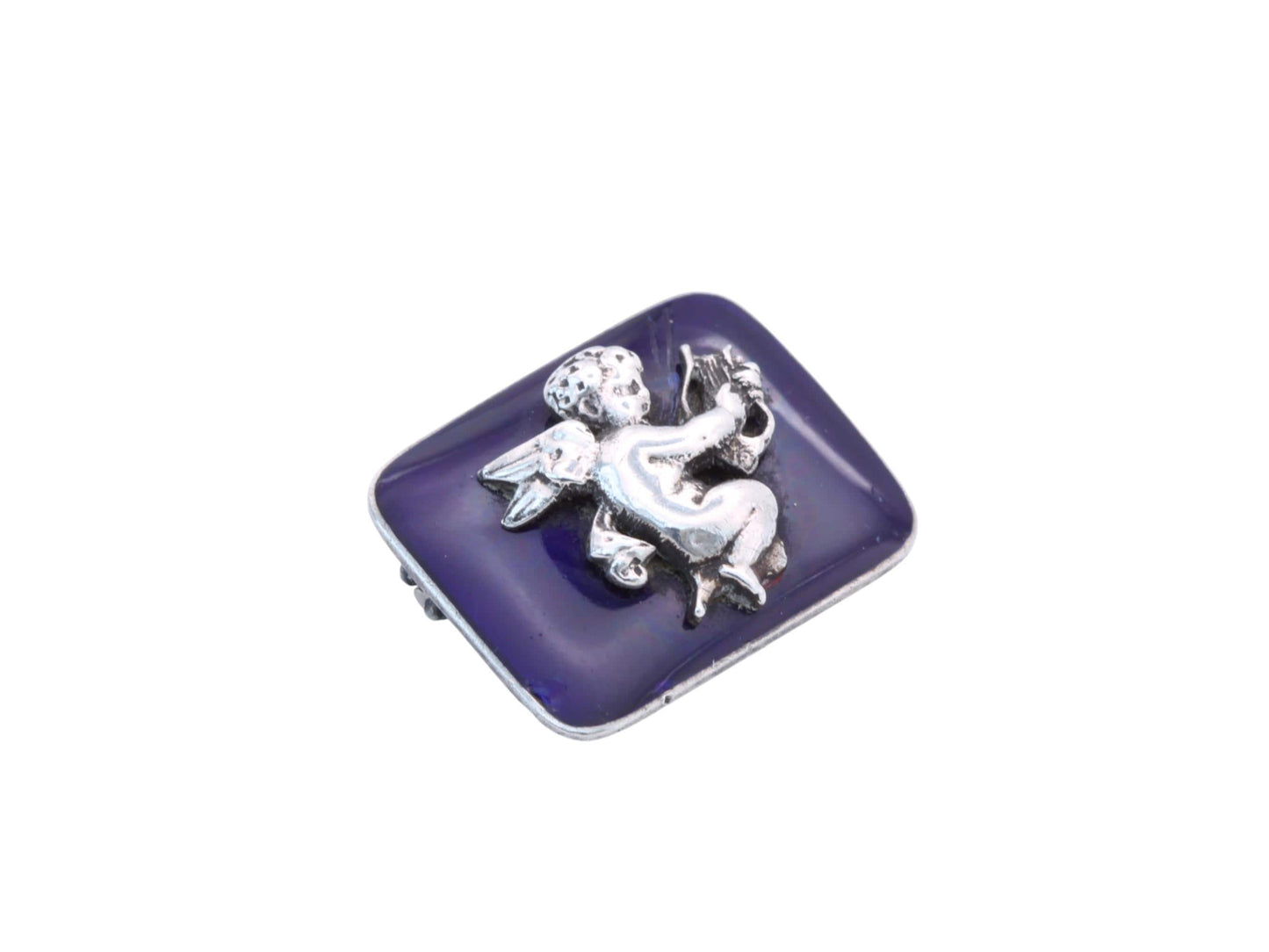 Antique Sterling Silver Blue Enamel Cupid Brooch