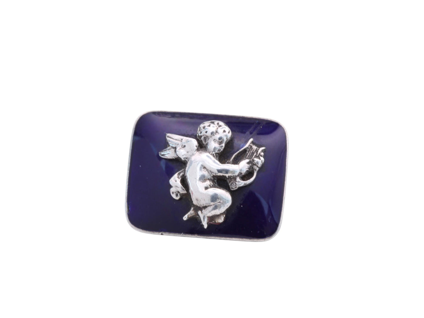 Antique Sterling Silver Blue Enamel Cupid Brooch