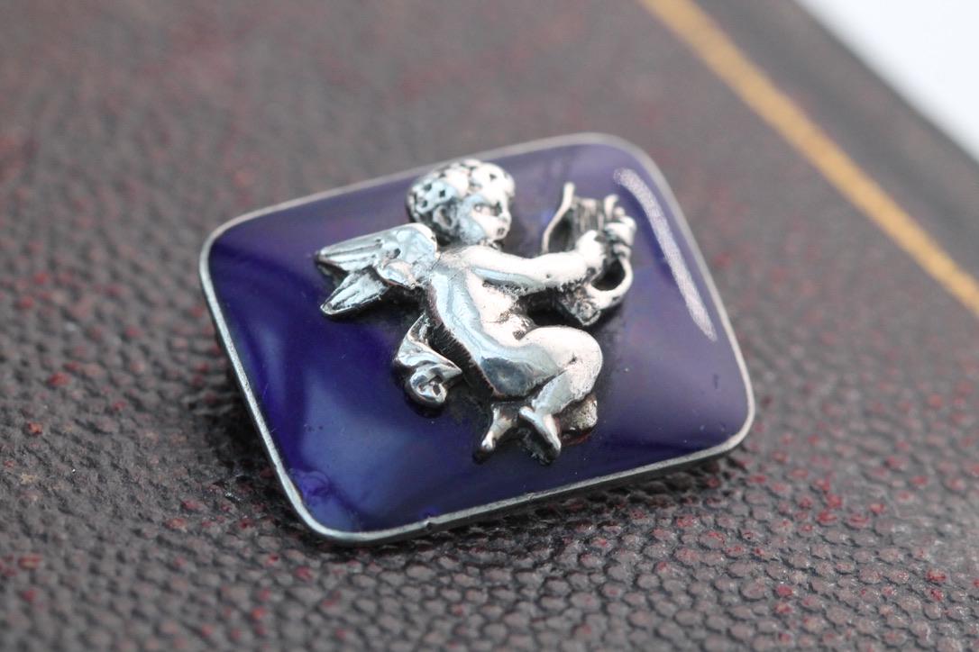 Antique Sterling Silver Blue Enamel Cupid Brooch