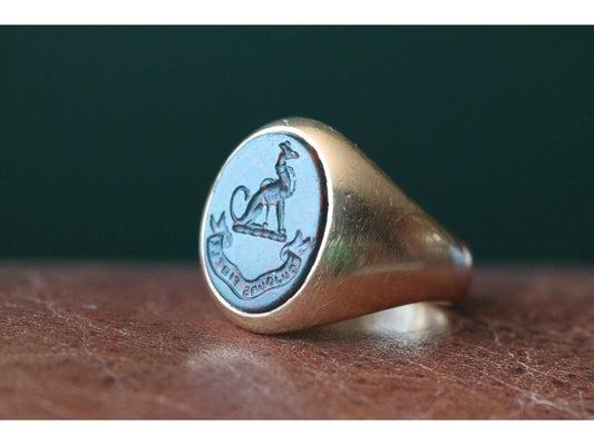 Antique 15ct Gold Bloodstone Intaglio Greyhound Crest 'Always Faithful' Signet Ring, Australian Colonial Hallmarks