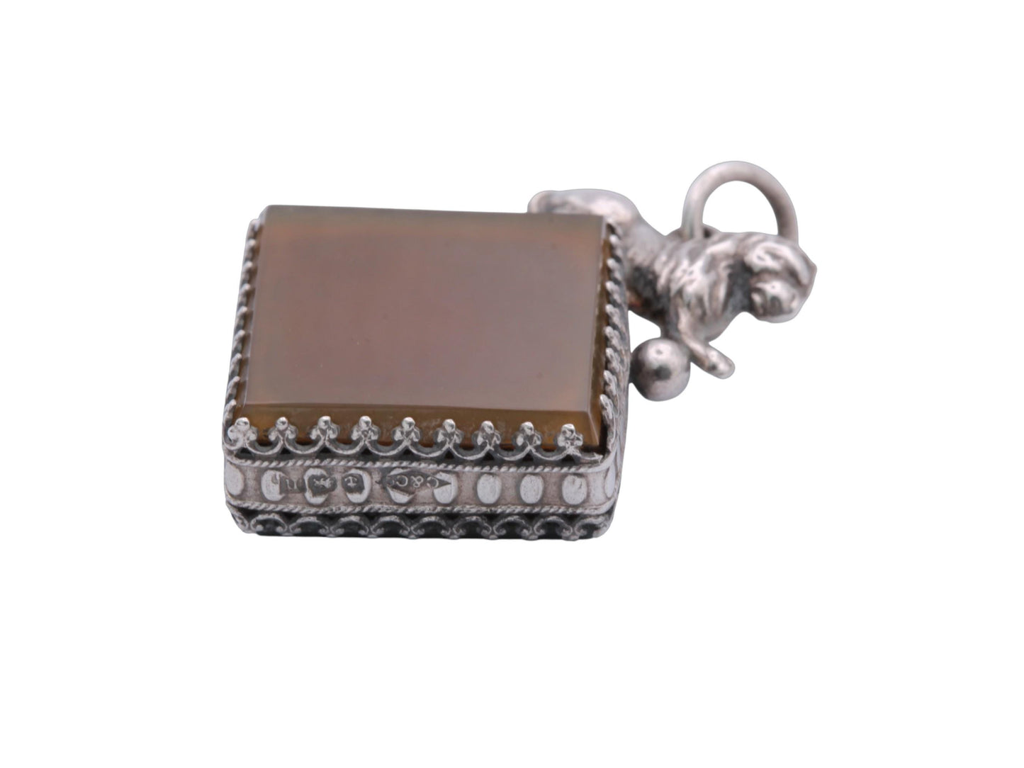 Antique Sterling Silver Lion Pendant, Bloodstone & Carnelian, 1912