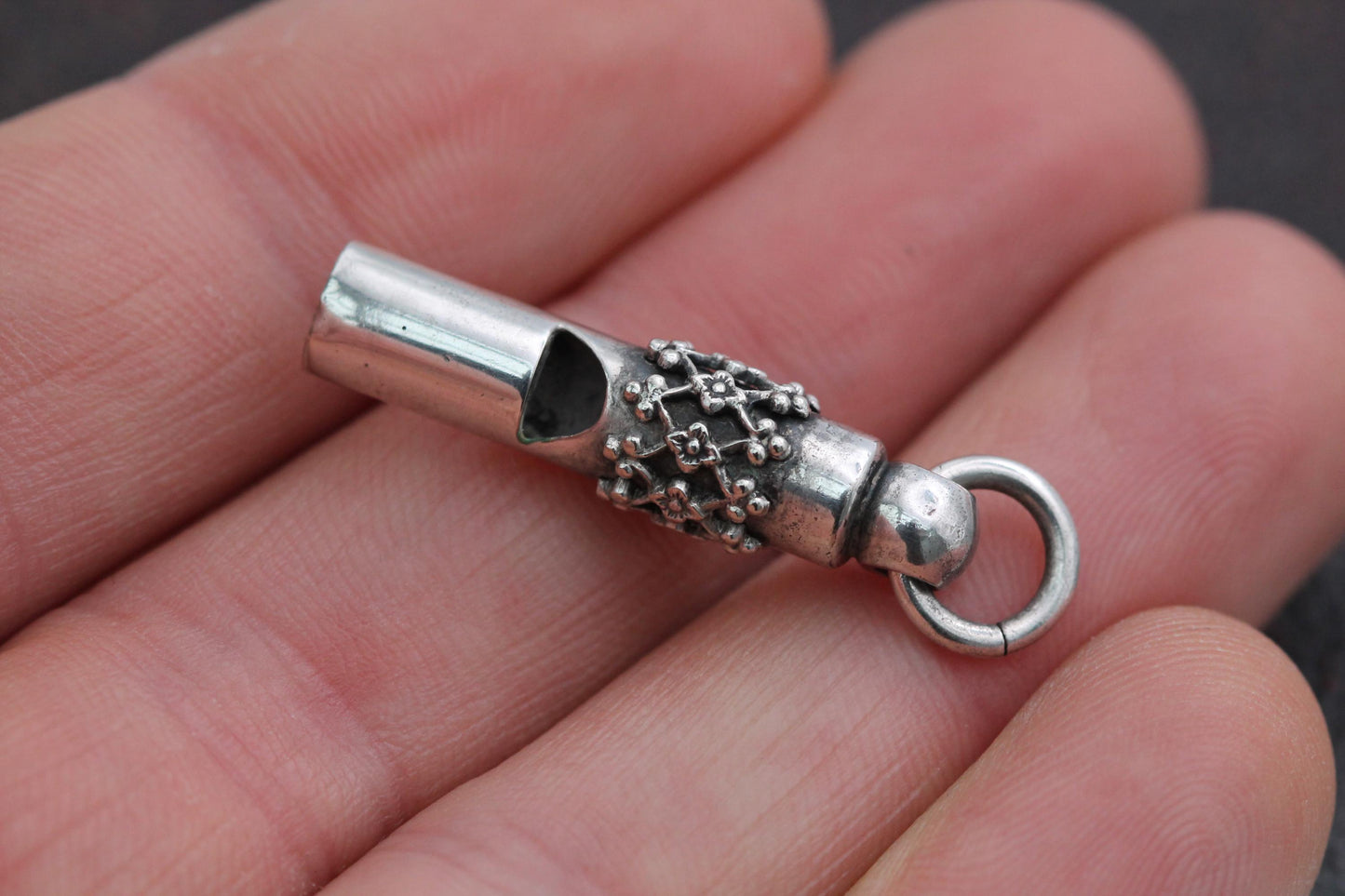 Antique Sterling Silver Floral Whistle Charm, Victorian Applied Openwork Pendant