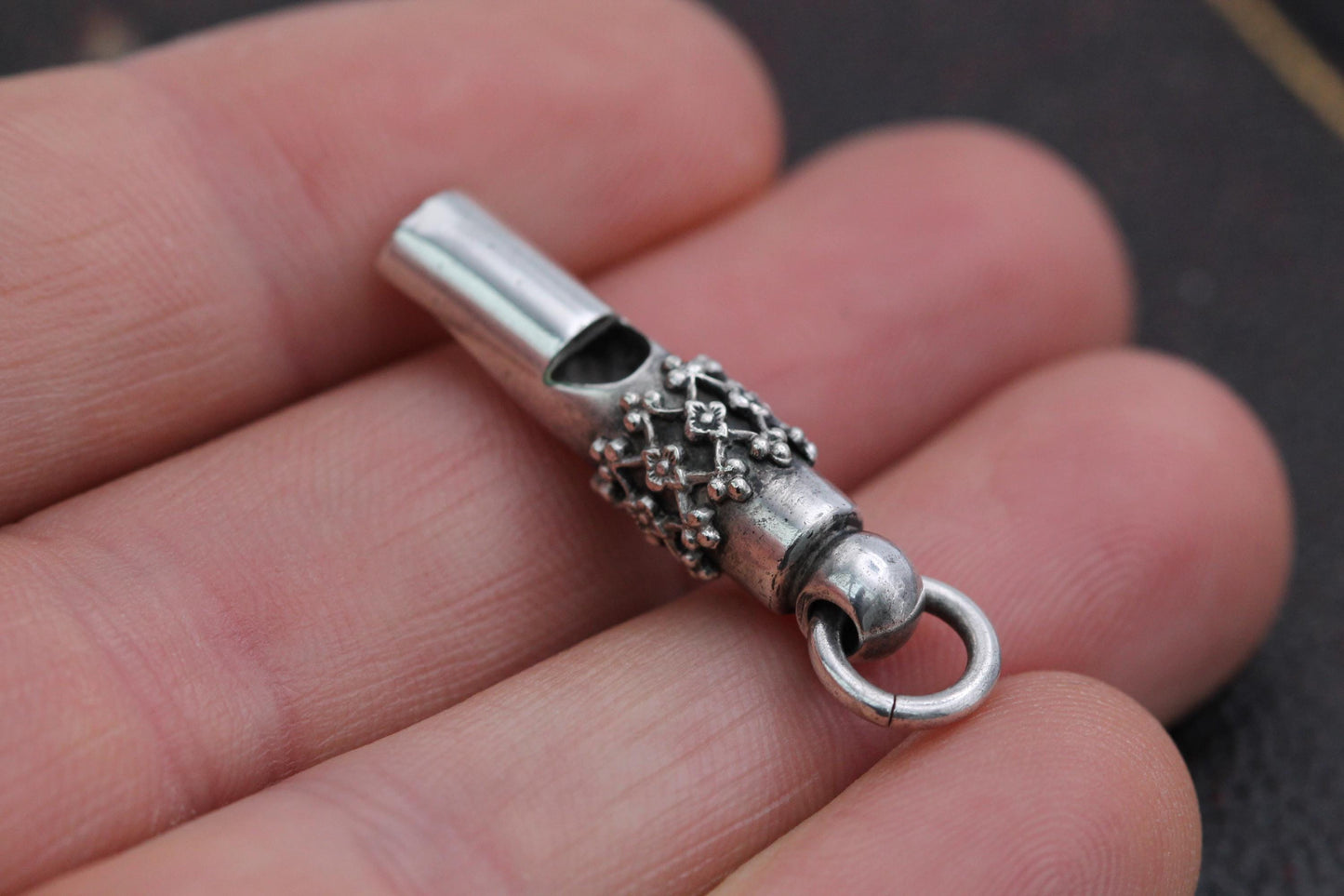 Antique Sterling Silver Floral Whistle Charm, Victorian Applied Openwork Pendant