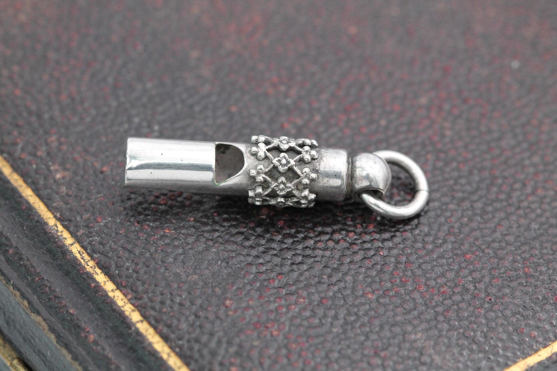 Antique-Sterling-Silver-Floral-Whistle-Charm,-Victorian-Applied-Openwork-Pendant
