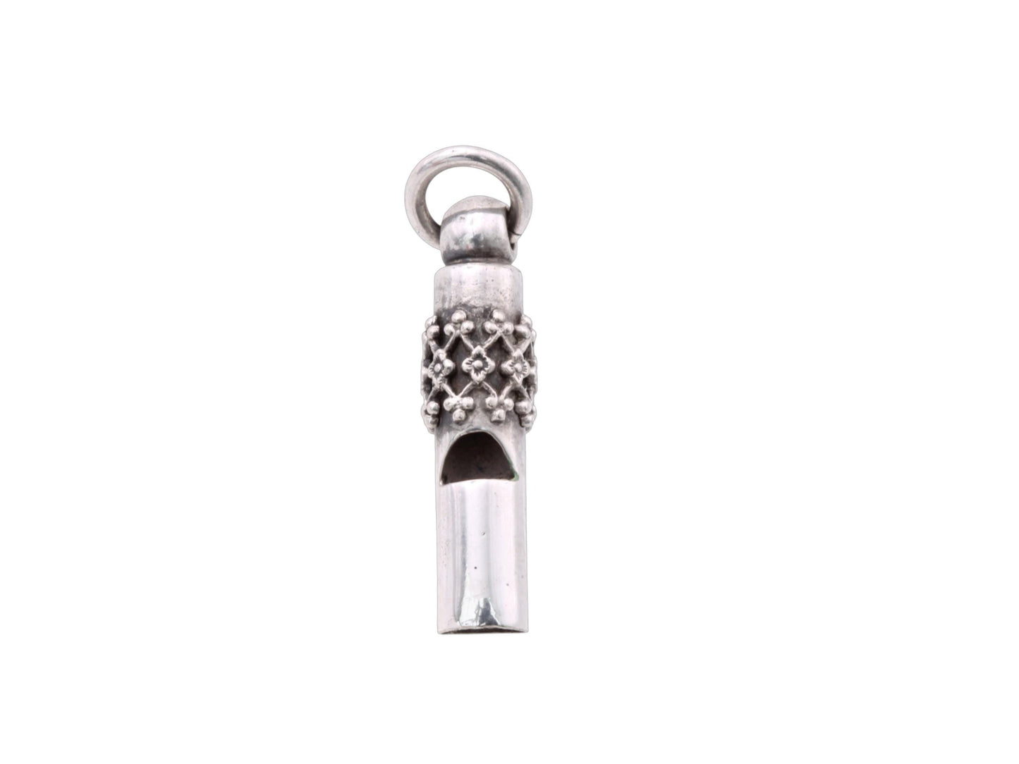 Antique Sterling Silver Floral Whistle Charm, Victorian Applied Openwork Pendant