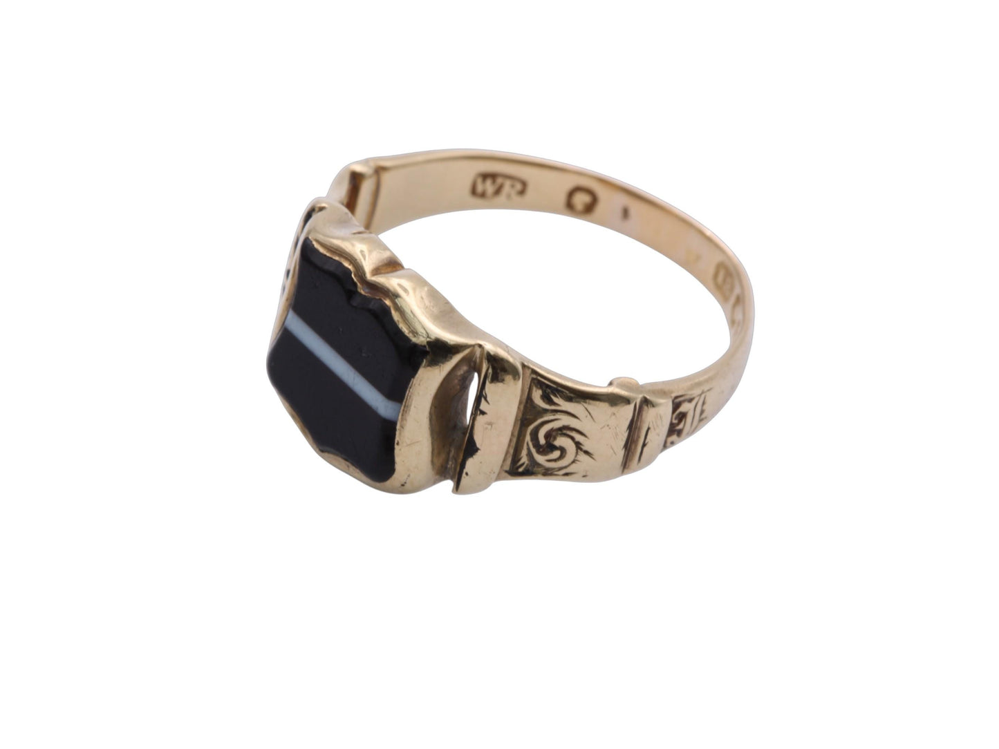 Antique Victorian 18ct Gold Banded Agate Shield Signet Ring, 1845