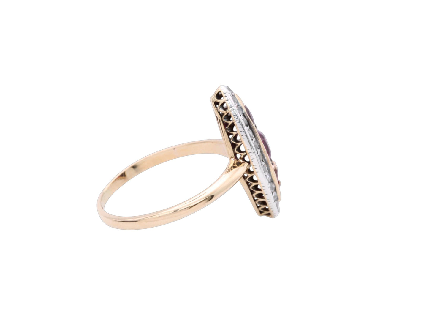 Antique 18ct Gold Garnet Diamond Navette Ring