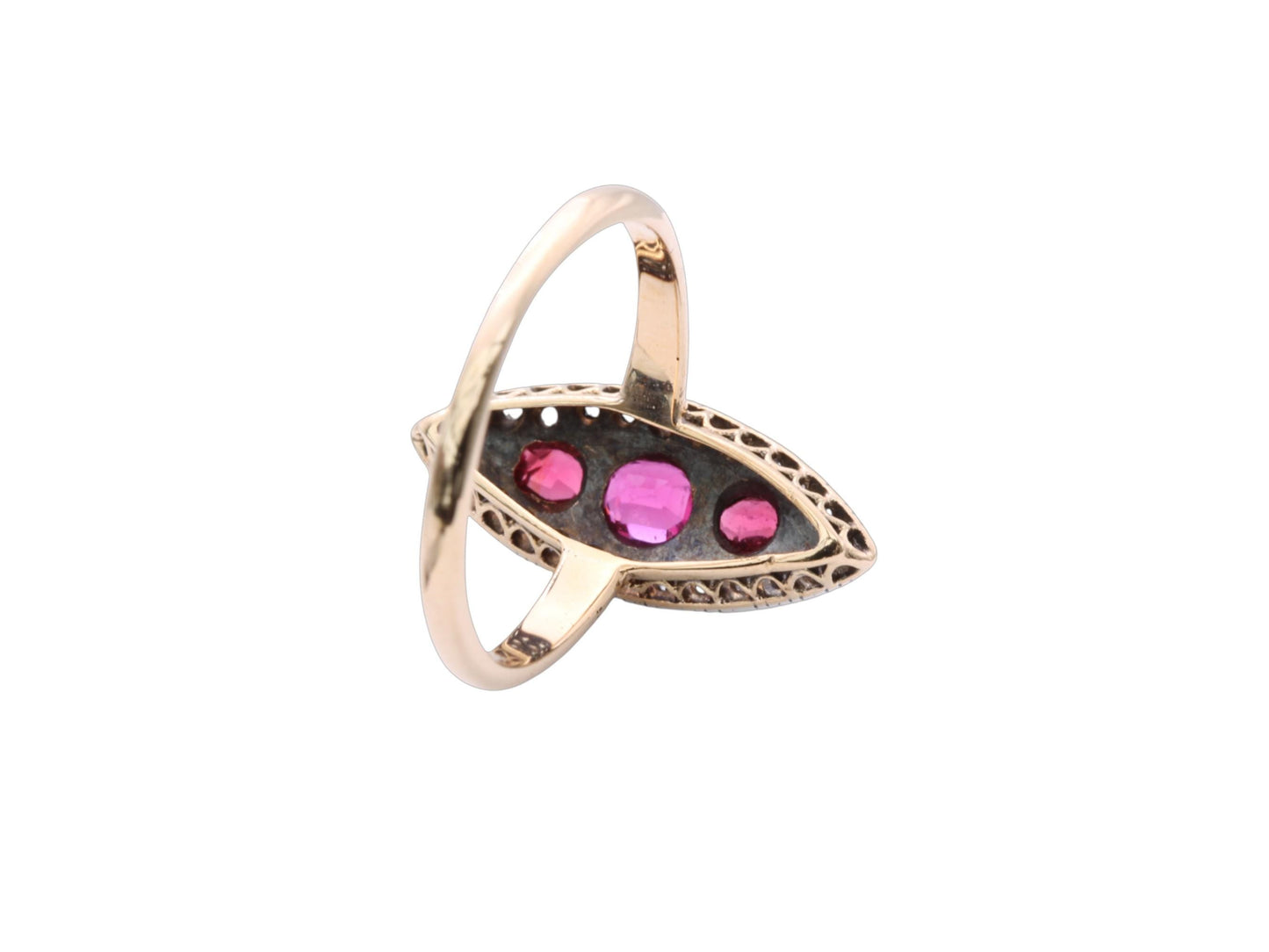 Antique 18ct Gold Garnet Diamond Navette Ring