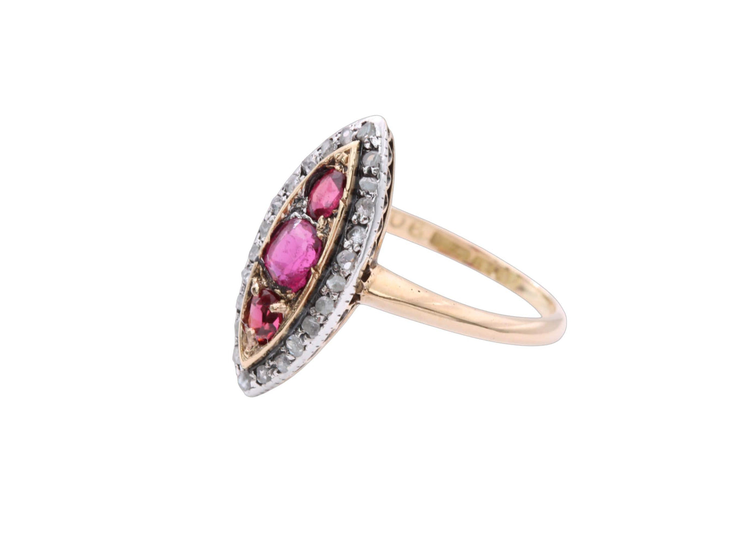 Antique 18ct Gold Garnet Diamond Navette Ring