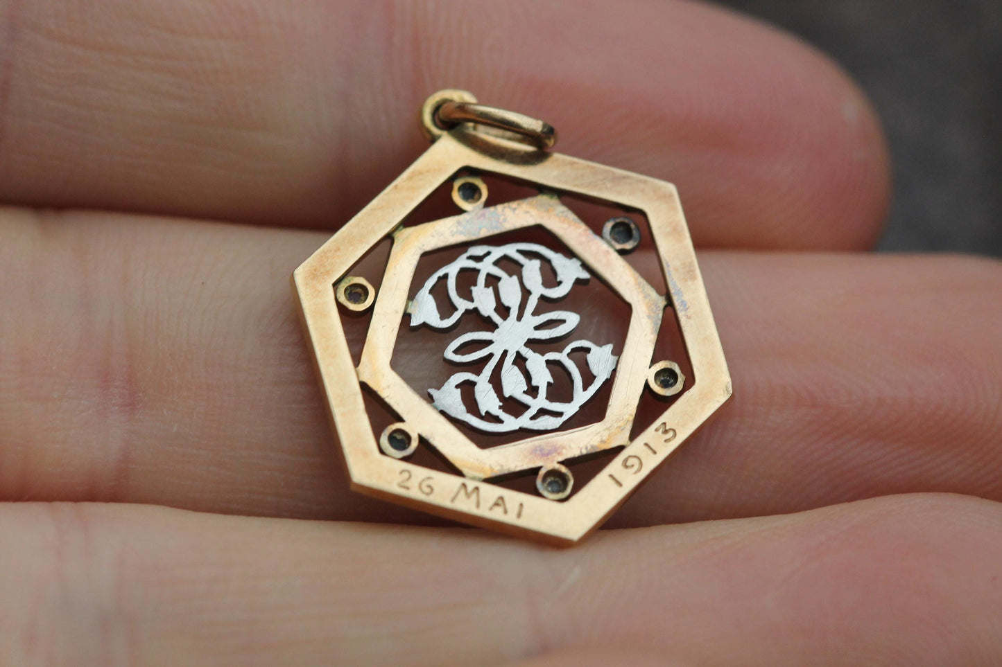 Antique French 18ct Gold Enamel Diamond Pendant With Original Box