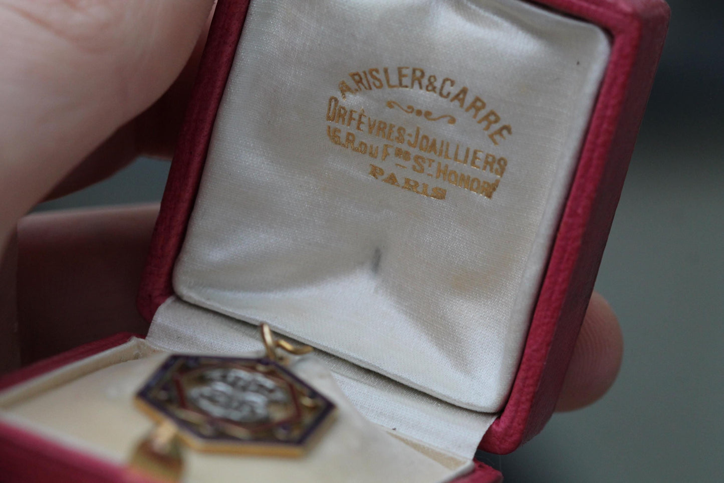 Antique French 18ct Gold Enamel Diamond Pendant With Original Box