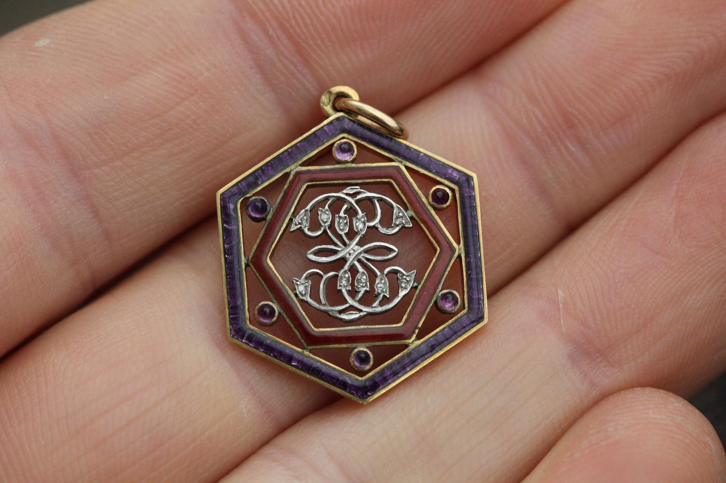 Antique French 18ct Gold Enamel Diamond Pendant With Original Box