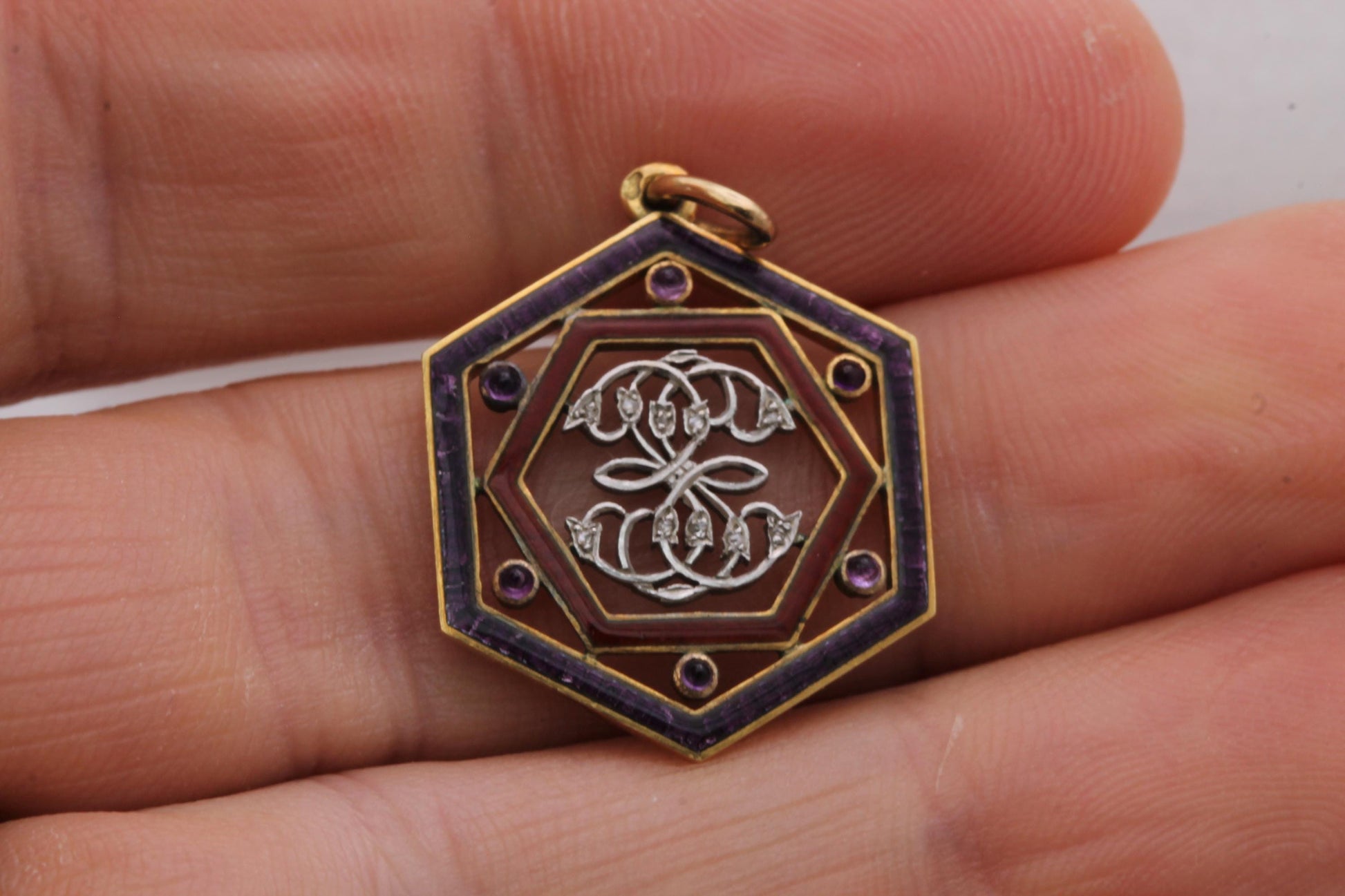 Antique-French-18ct-Gold-Enamel-Diamond-Pendant-With-Original-Box