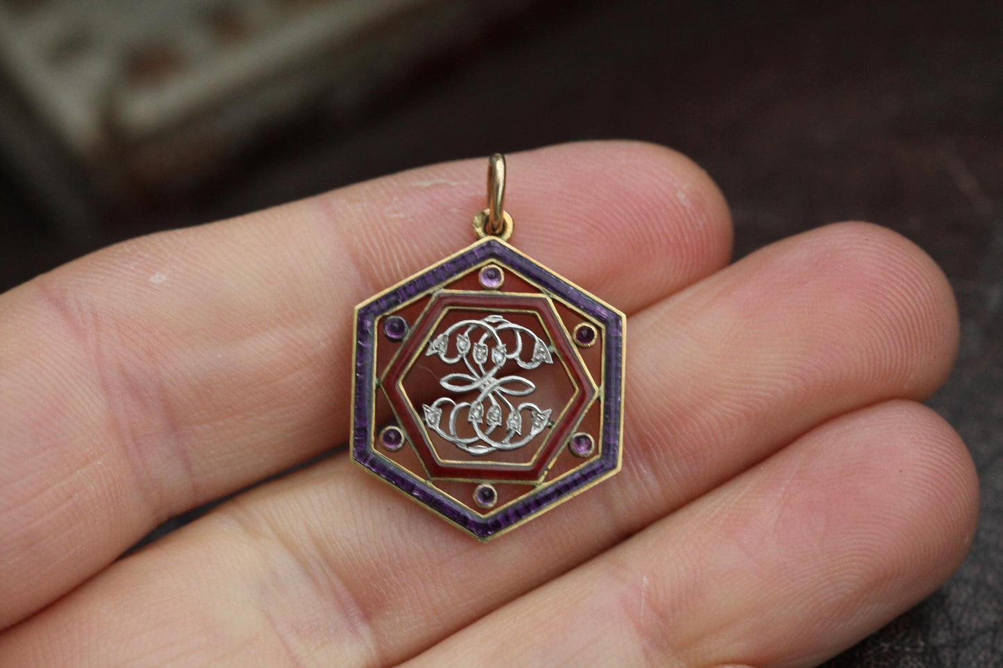 Antique French 18ct Gold Enamel Diamond Pendant With Original Box