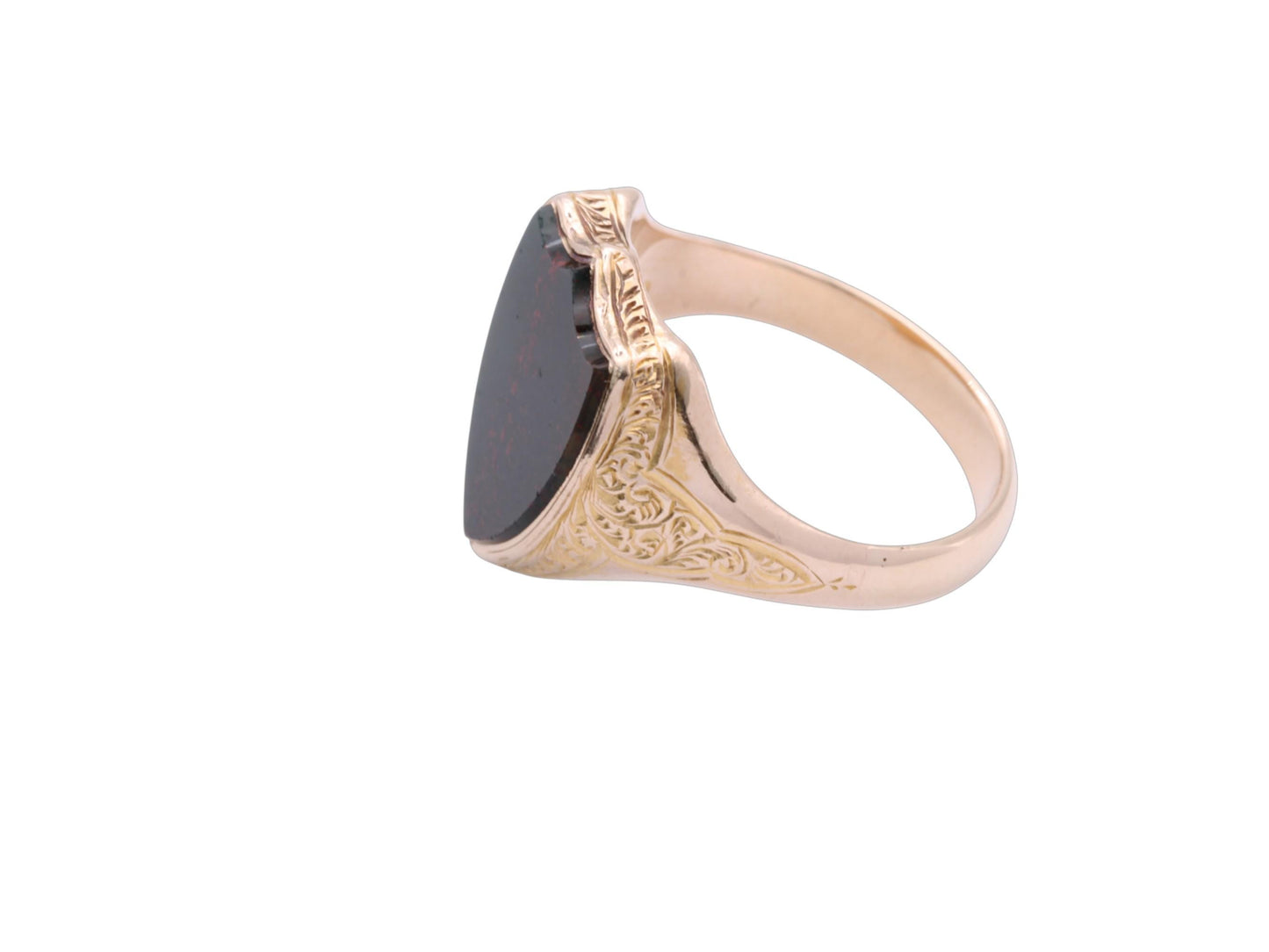 Antique 15ct Gold Signet Ring, Bloodstone Shield, Chased Shoulders, 1878