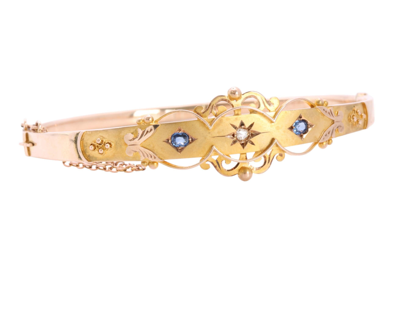 Antique 9ct Gold Diamond Sapphire Bangle, 7"