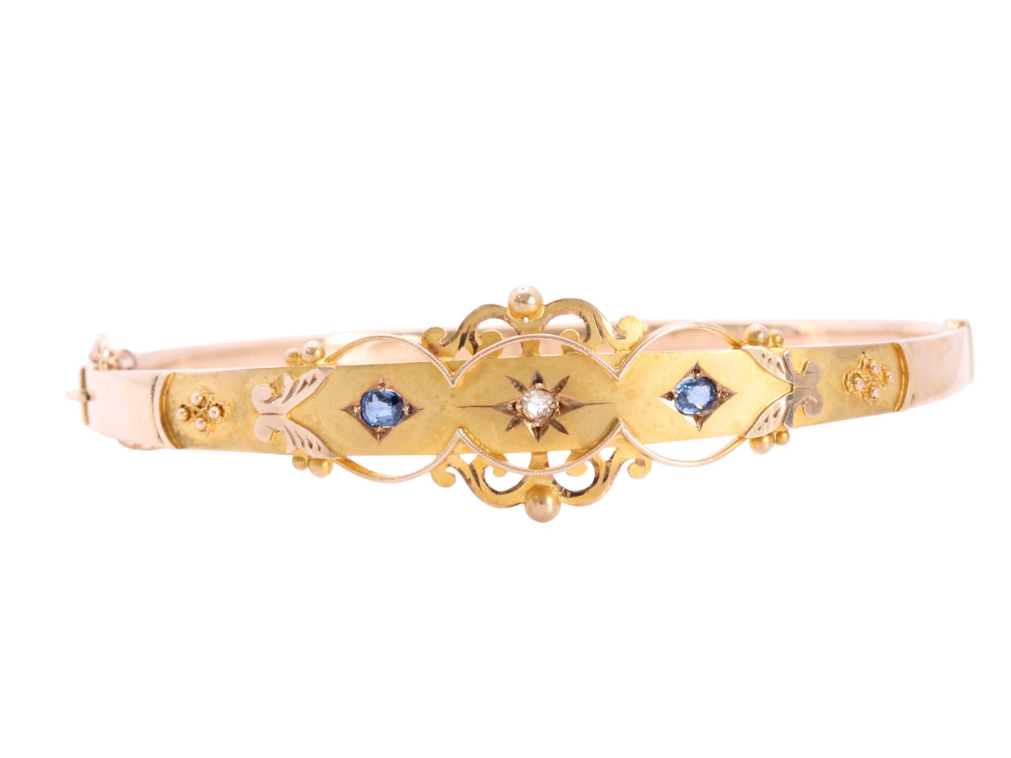 Antique 9ct Gold Diamond Sapphire Bangle, 7"