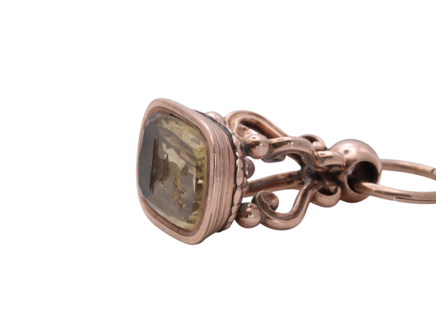 Antique 9ct Gold Pendant Intaglio Citrine Eagle Head & Rose, Split Ring, c.1860