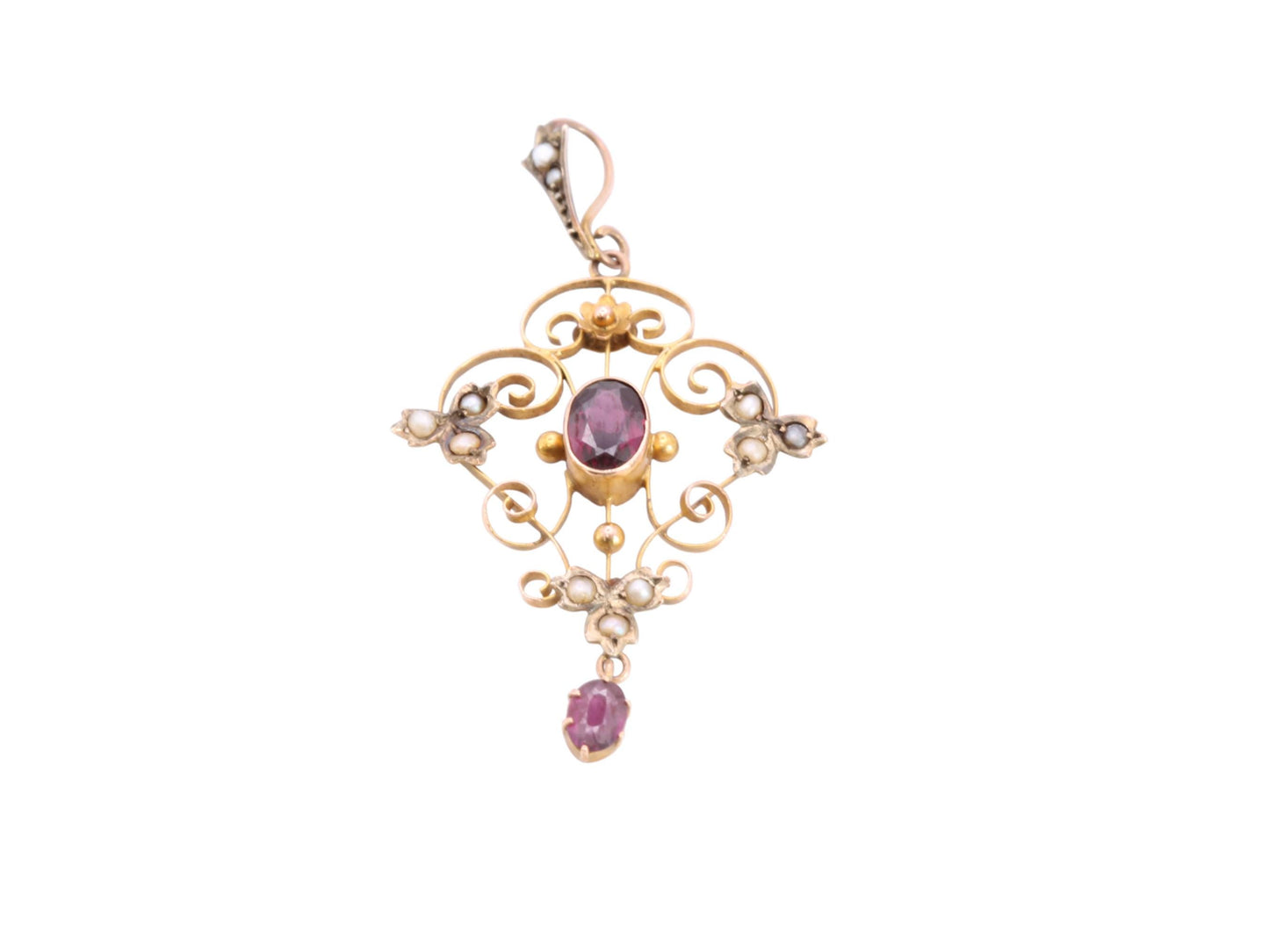 Antique Edwardian Art Nouveau 9ct Gold Garnet & Seed Pearl Pendant
