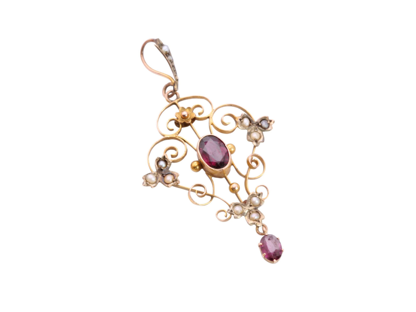Antique Edwardian Art Nouveau 9ct Gold Garnet & Seed Pearl Pendant