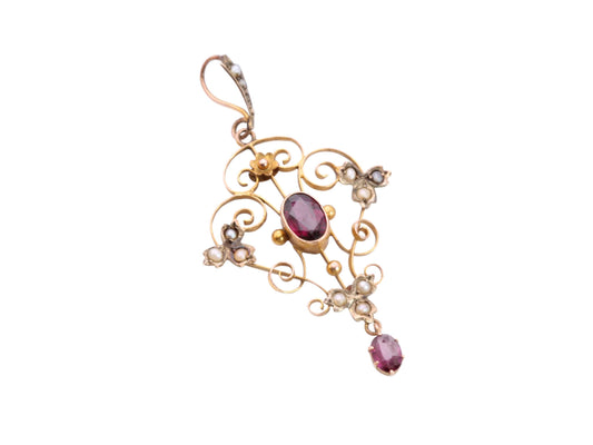 Antique Edwardian Art Nouveau 9ct Gold Garnet & Seed Pearl Pendant