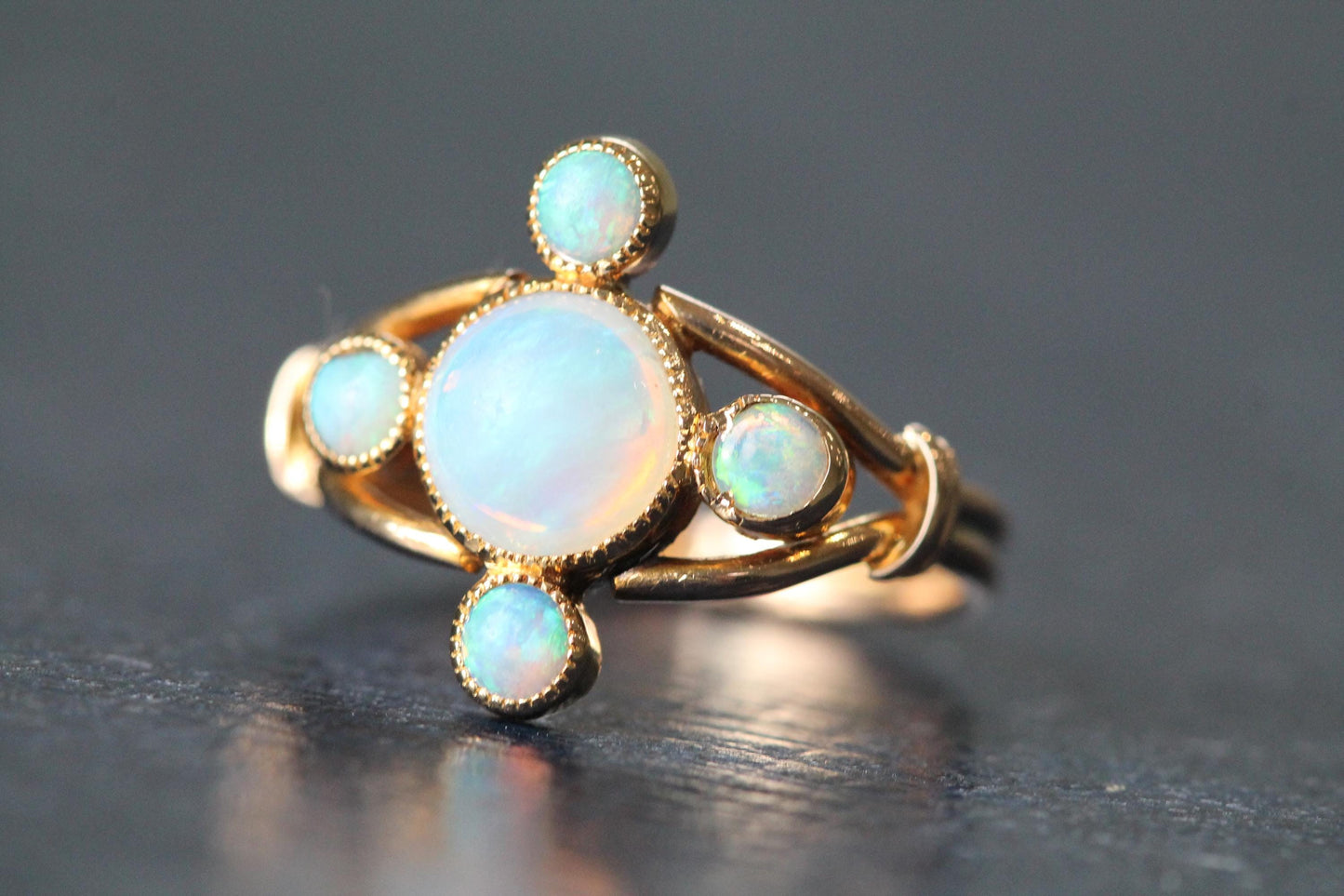 Antique Edwardian 15ct Gold Opal Cluster Ring, Five Opal Cabochons c.1905