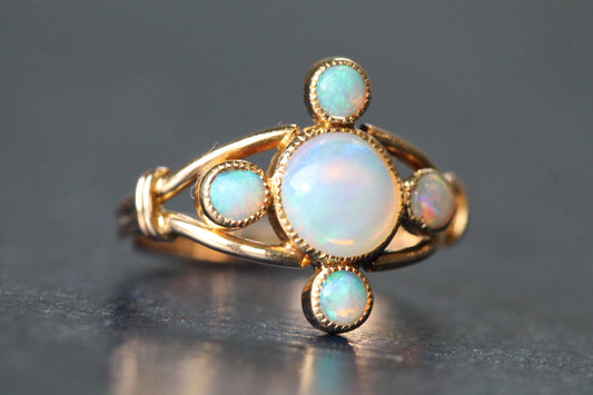 Antique Edwardian 15ct Gold Opal Cluster Ring, Five Opal Cabochons c.1905