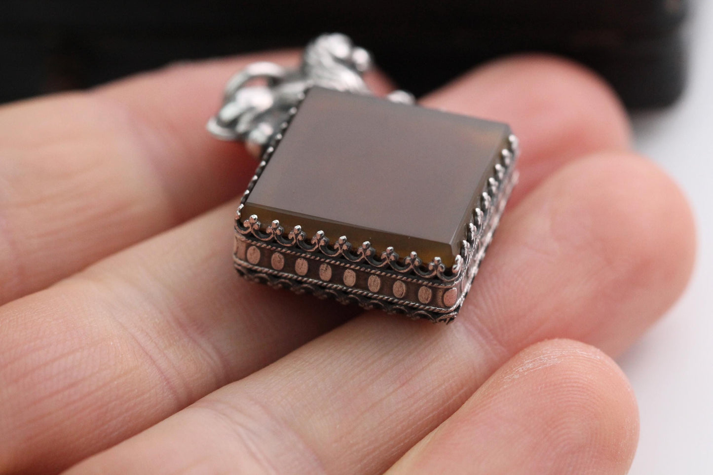 Antique Sterling Silver Lion Pendant, Bloodstone & Carnelian, 1912