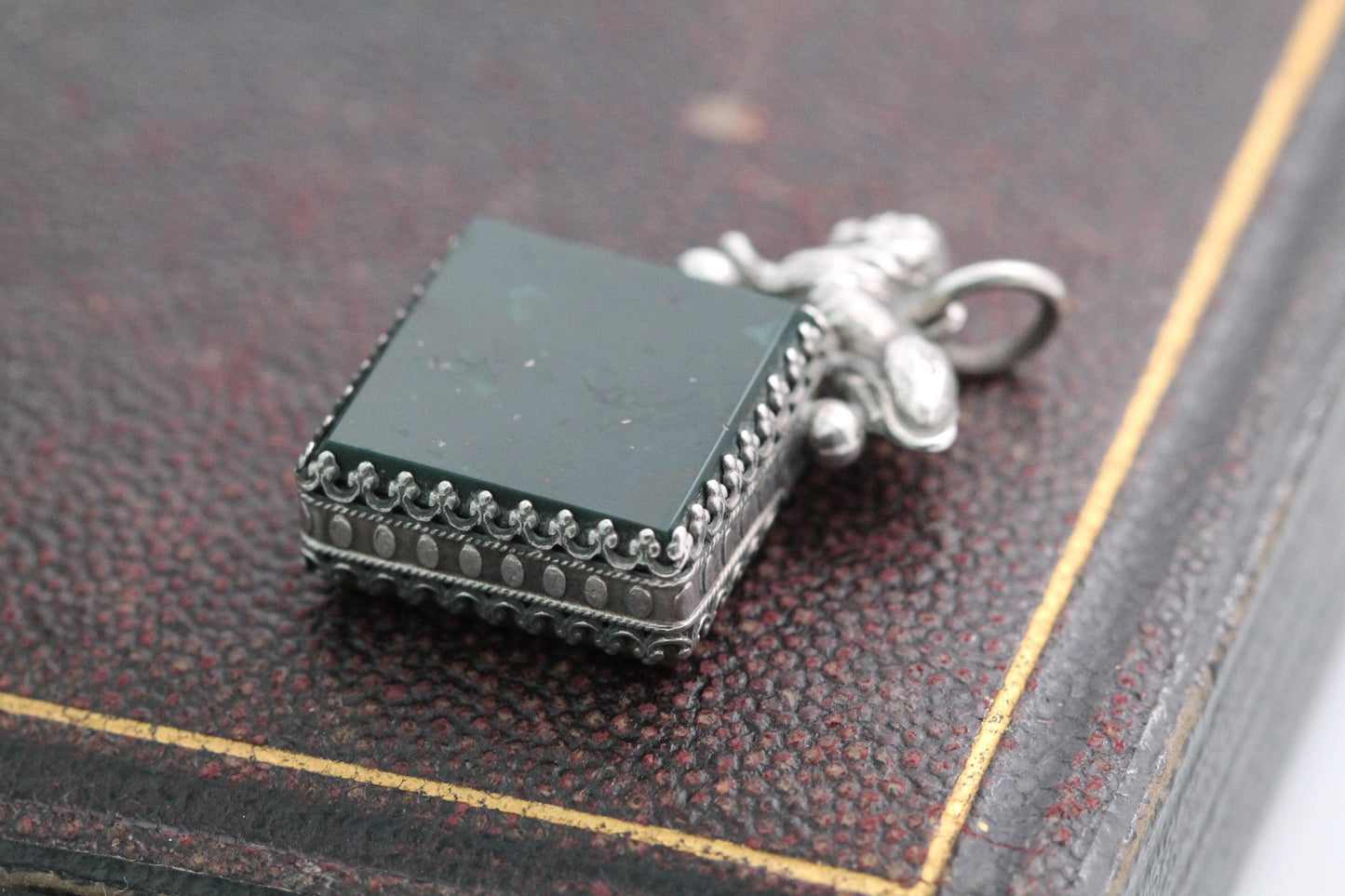 Antique Sterling Silver Lion Pendant, Bloodstone & Carnelian, 1912