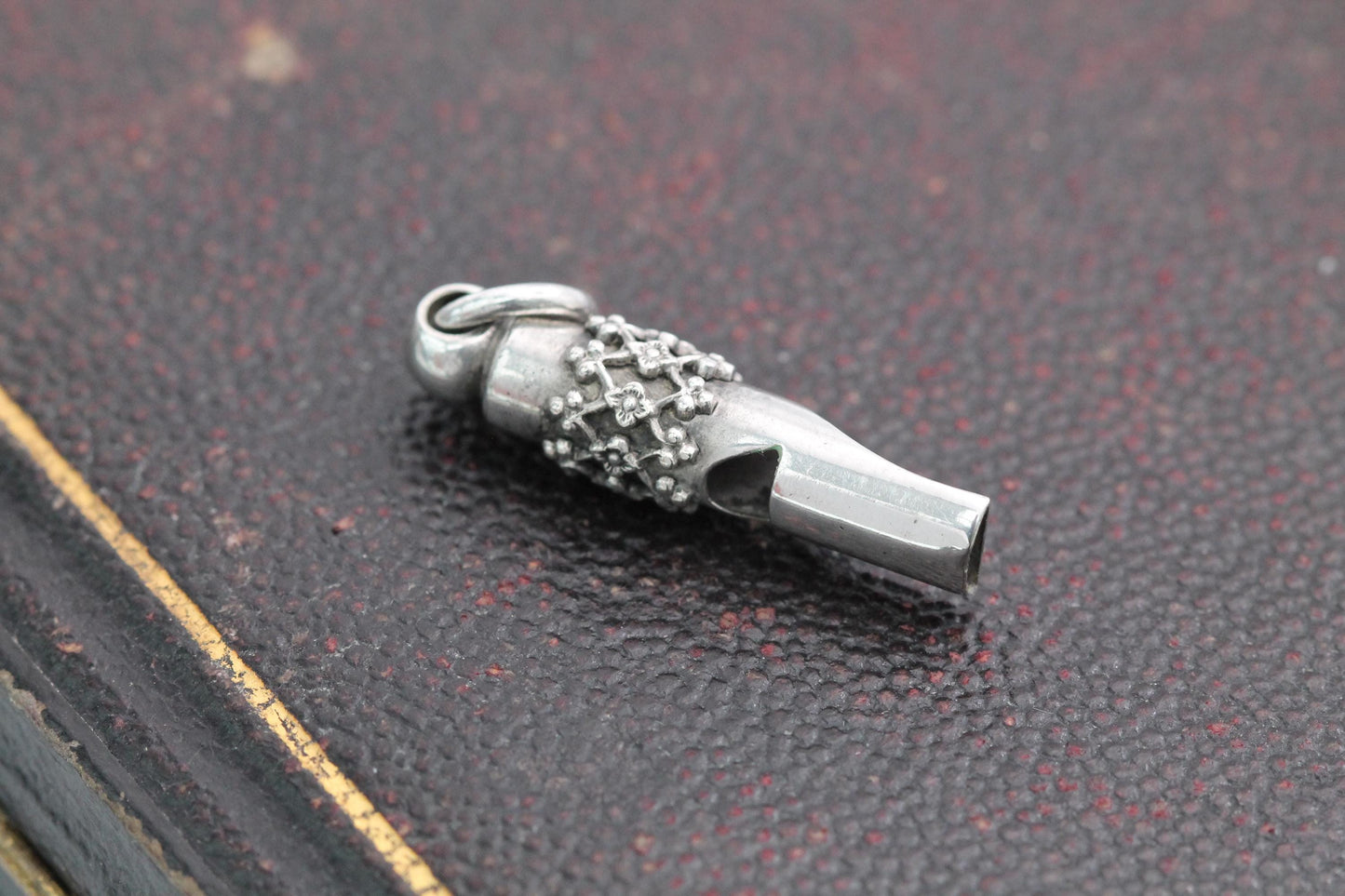 Antique Sterling Silver Floral Whistle Charm, Victorian Applied Openwork Pendant