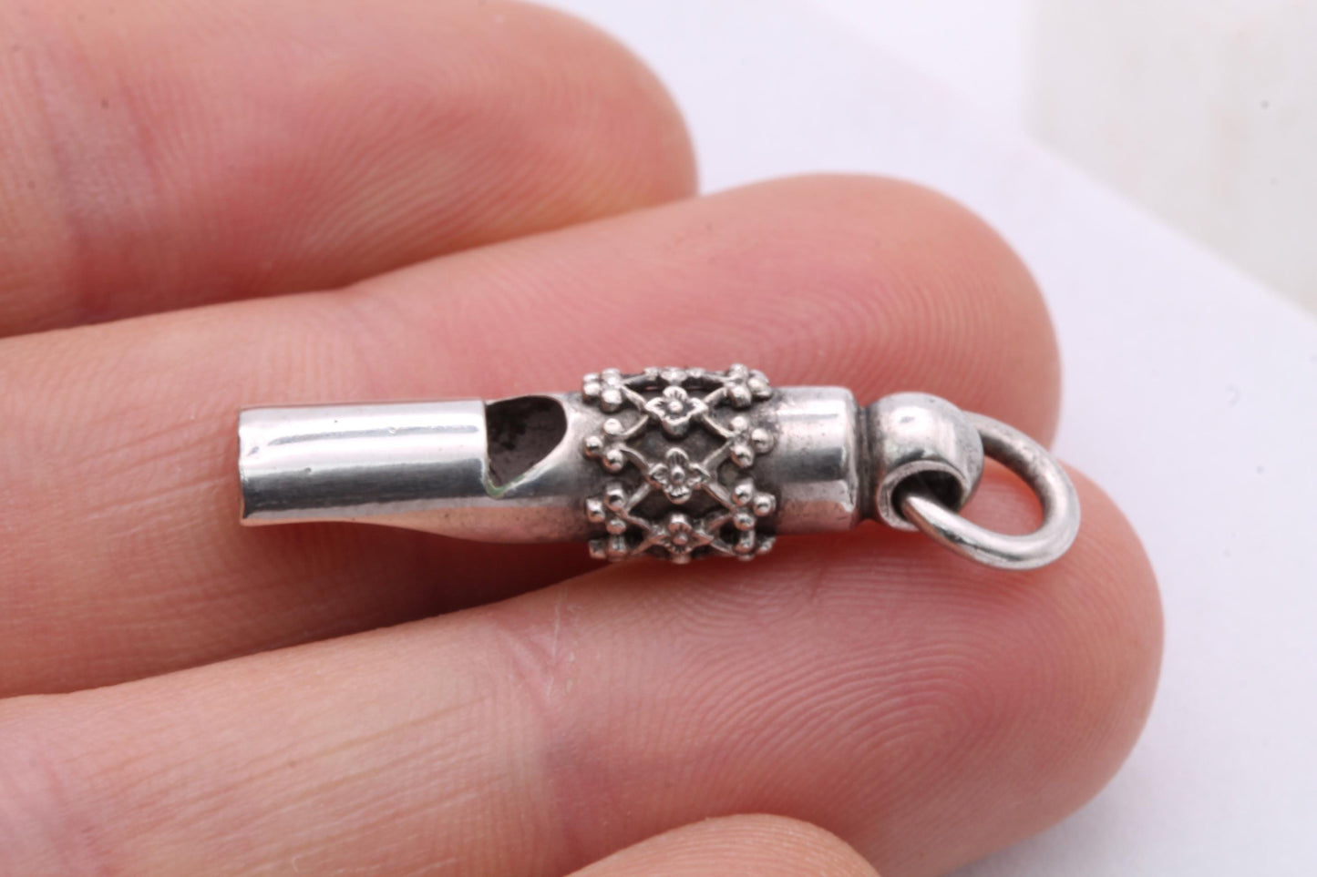 Antique Sterling Silver Floral Whistle Charm, Victorian Applied Openwork Pendant