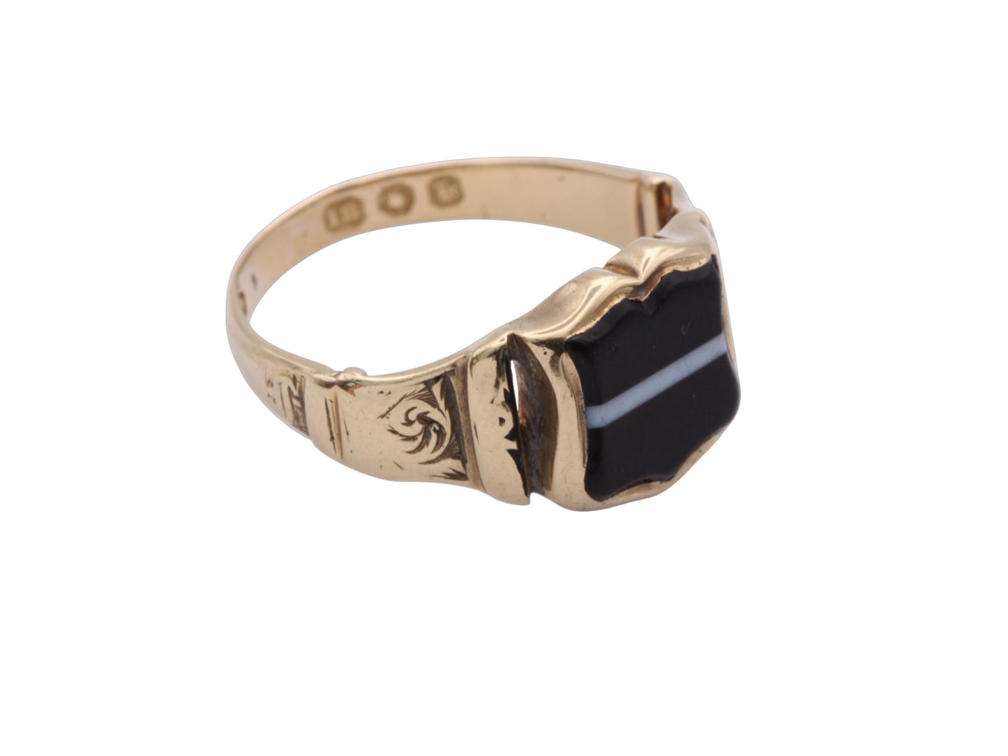 Antique Victorian 18ct Gold Banded Agate Shield Signet Ring, 1845