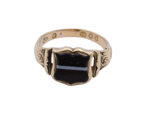 Antique Victorian 18ct Gold Banded Agate Shield Signet Ring, 1845