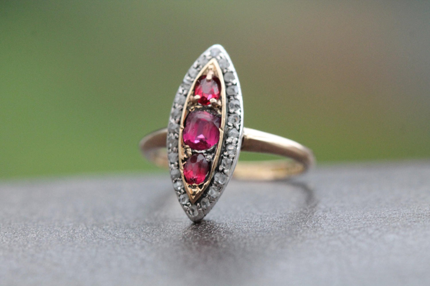 Antique 18ct Gold Garnet Diamond Navette Ring