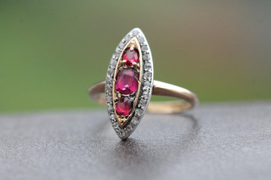 Antique 18ct Gold Garnet Diamond Navette Ring