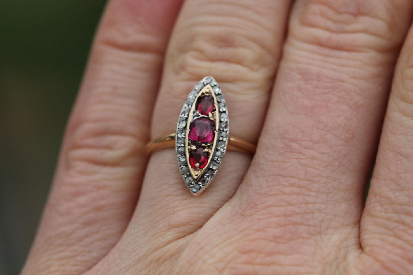 Antique 18ct Gold Garnet Diamond Navette Ring