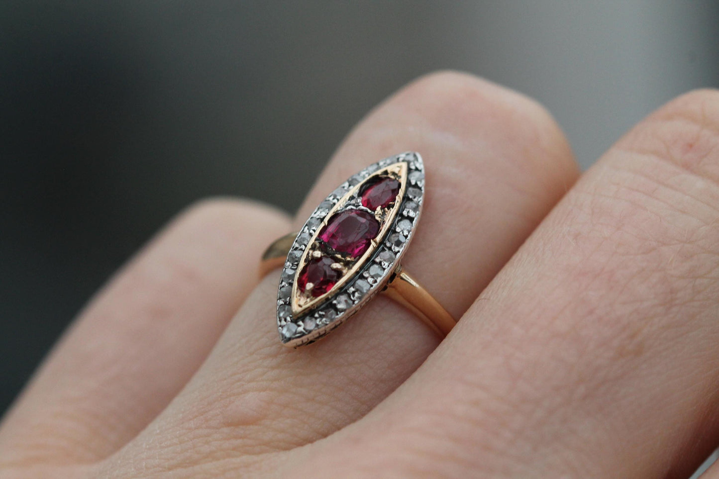 Antique 18ct Gold Garnet Diamond Navette Ring