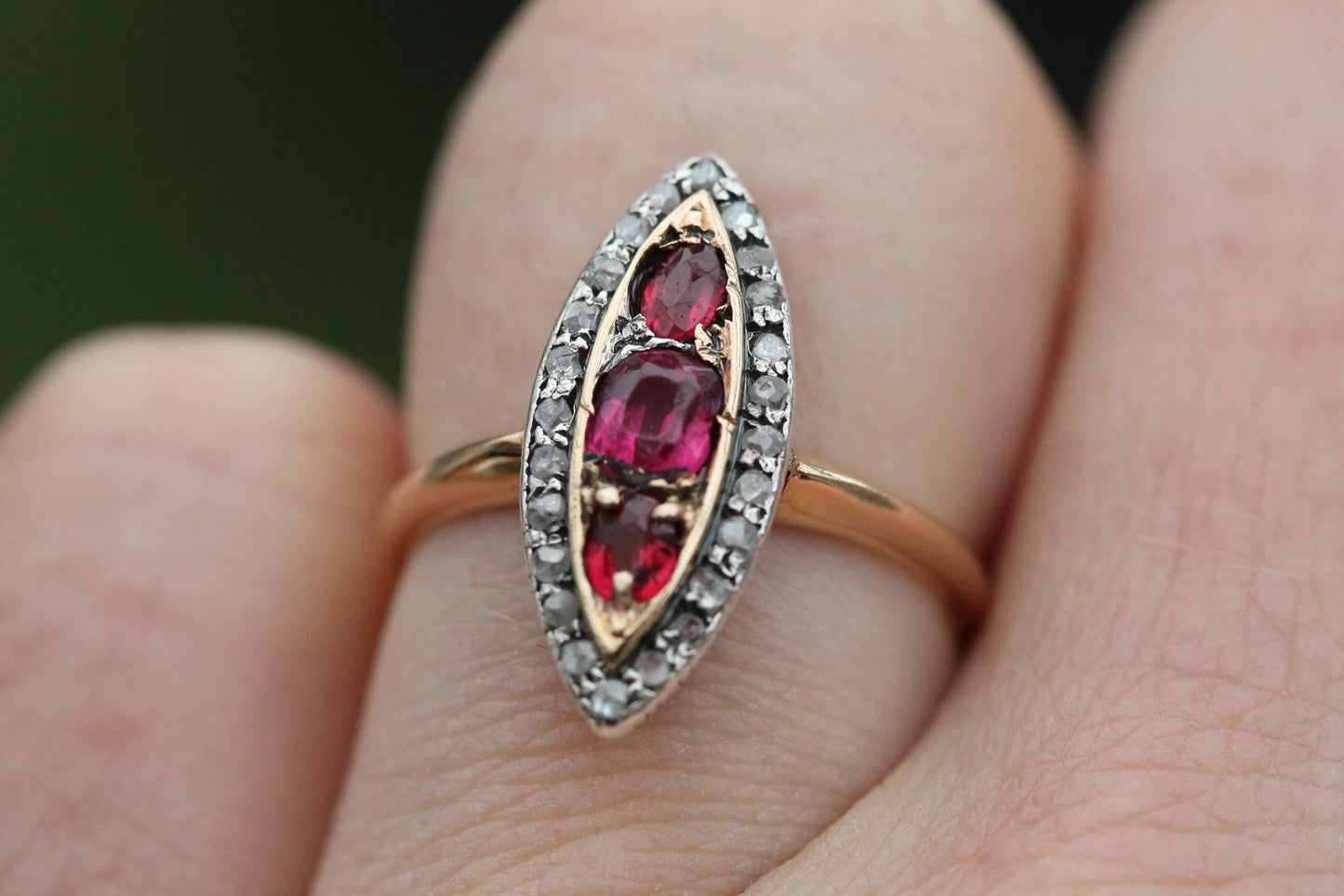 Antique 18ct Gold Garnet Diamond Navette Ring