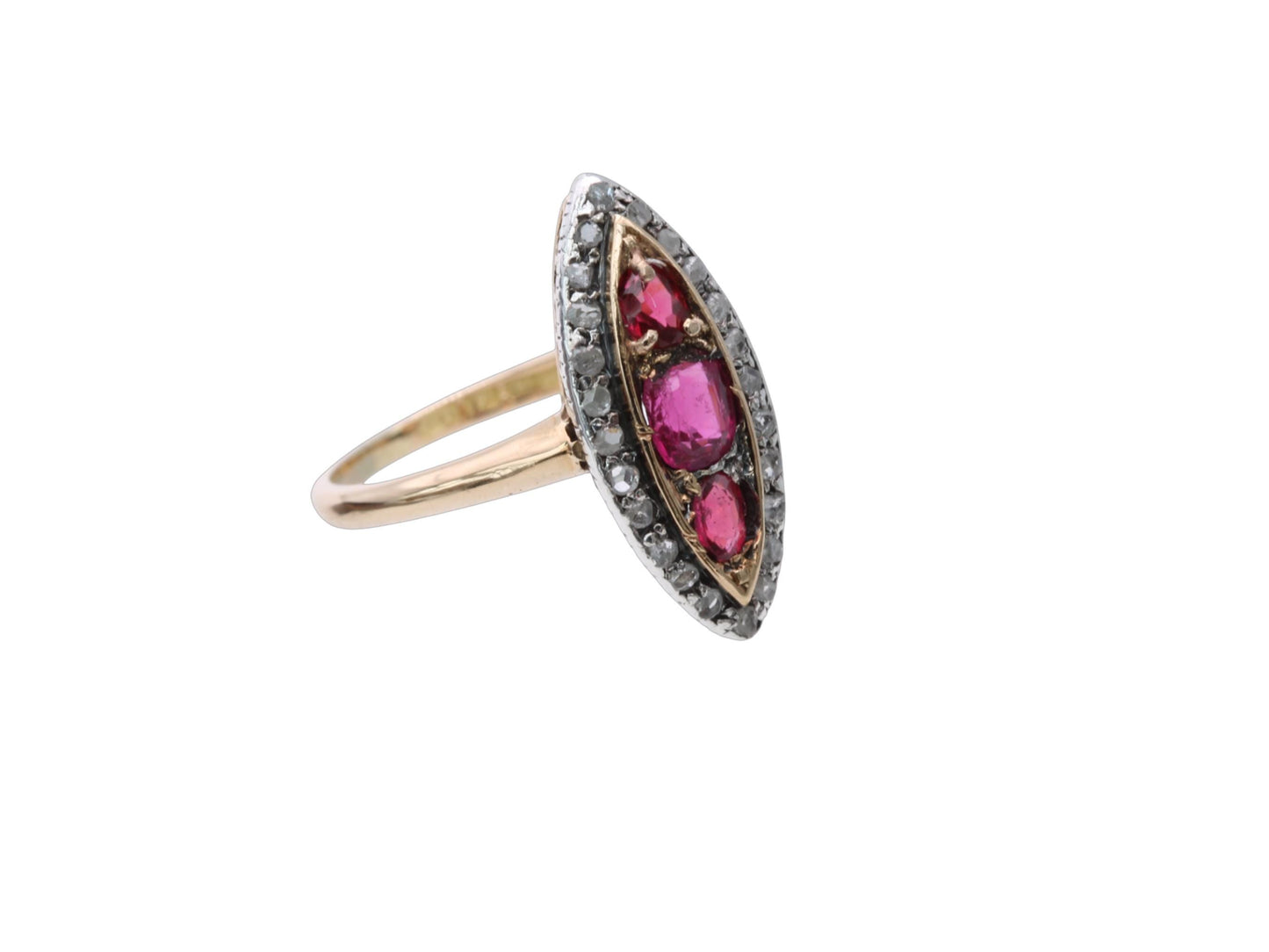 Antique 18ct Gold Garnet Diamond Navette Ring