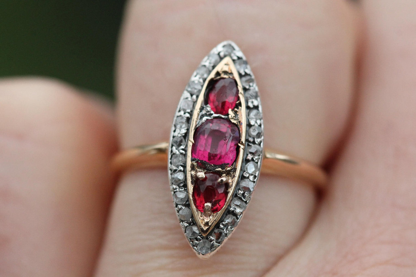 Antique 18ct Gold Garnet Diamond Navette Ring