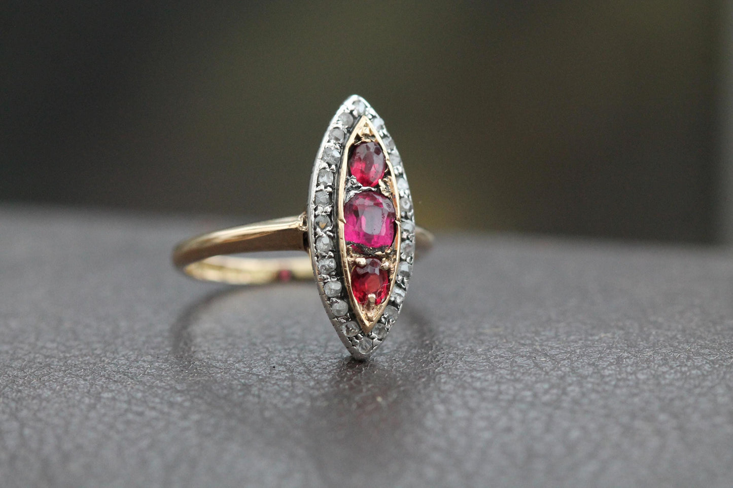 Antique-18ct-Gold-Garnet-Diamond-Navette-Ring