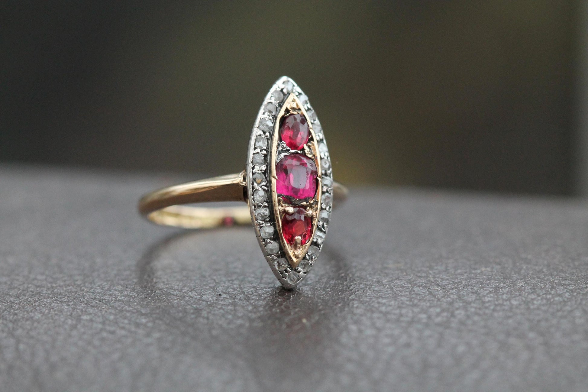 Antique-18ct-Gold-Garnet-Diamond-Navette-Ring