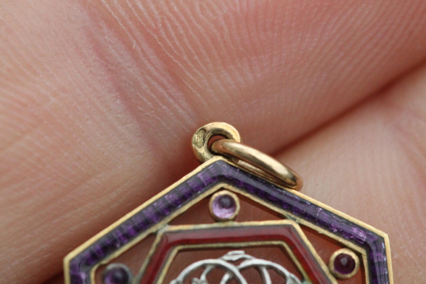 Antique French 18ct Gold Enamel Diamond Pendant With Original Box