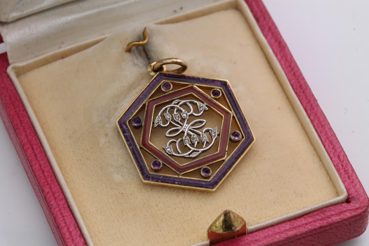 Antique French 18ct Gold Enamel Diamond Pendant With Original Box