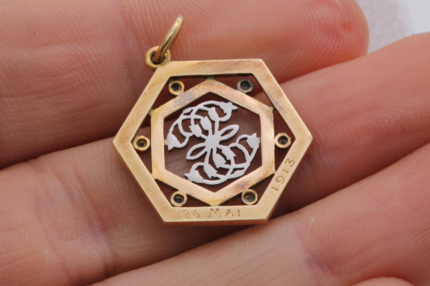 Antique French 18ct Gold Enamel Diamond Pendant With Original Box