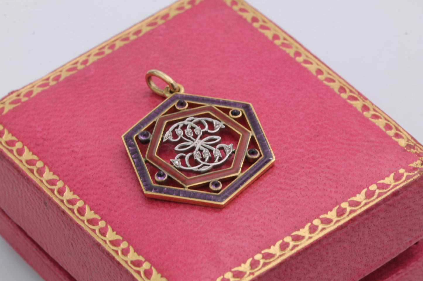 Antique French 18ct Gold Enamel Diamond Pendant With Original Box